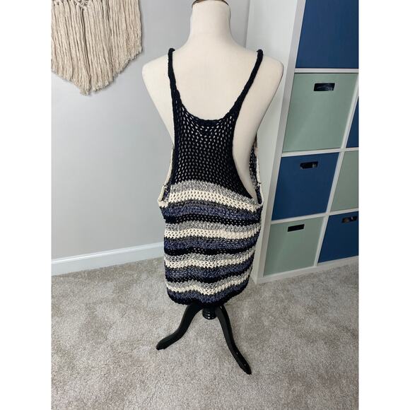 Zara Blue Black Loose Knit Crochet 100% Cotton Beachy Coastal Tank Top Small - Picture 2 of 10